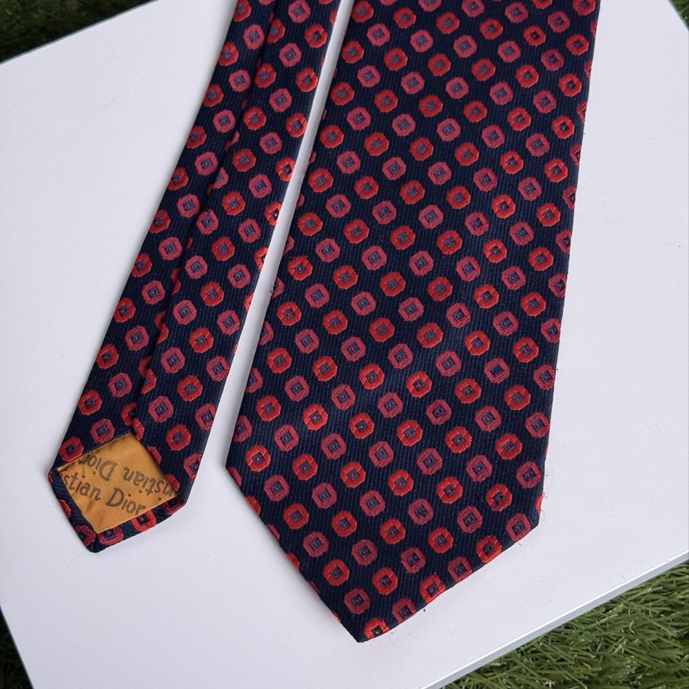 Vintage Christian Dior Tie Geometric Diamond Red Navy Blue Polyester USA Made